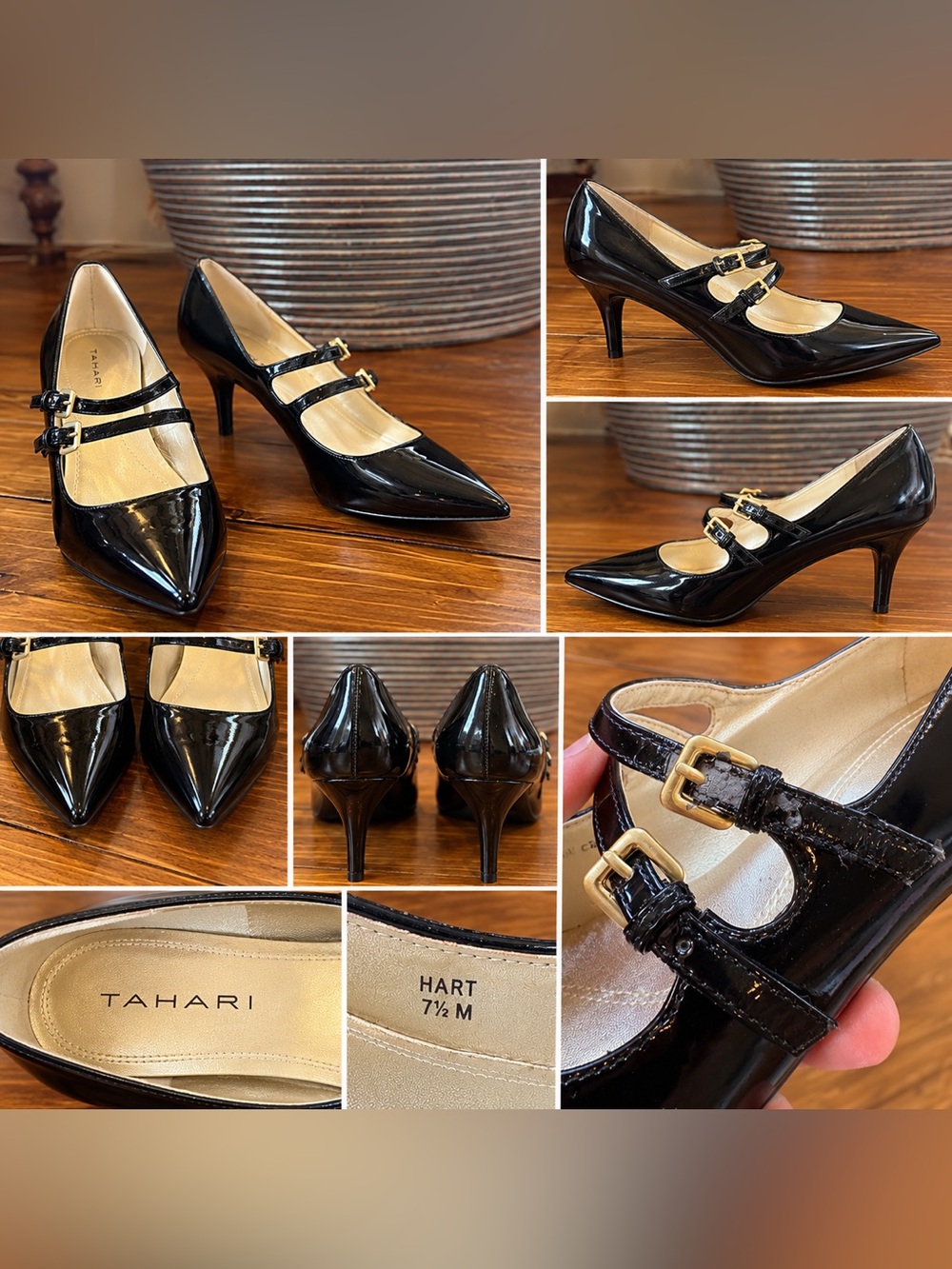 Tahari Hart Black Patent Double Strap Mary Jane Heels Size 7.5M